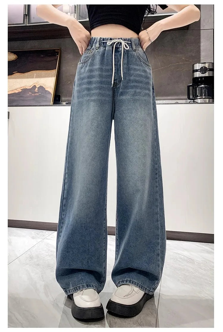 Jean ample à jambes larges, taille haute, bleu clair, grande taille, taille élastique, pantalon Dstring, pantalon Long amincissant