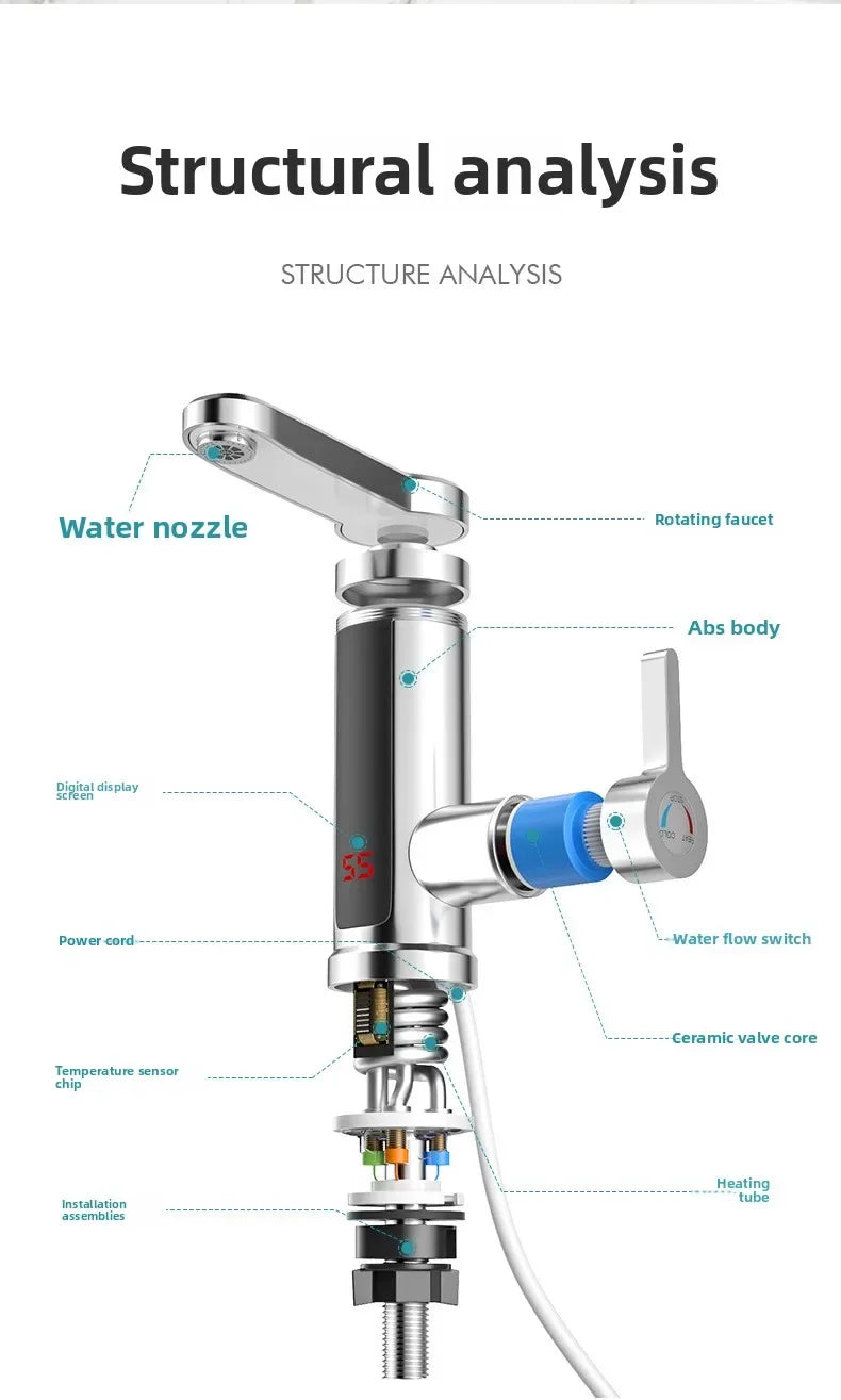 Chauffe-eau électrique 220V, robinet de cuisine, chauffage instantané sans réservoir, mélangeur chauffant coulant, affichage numérique