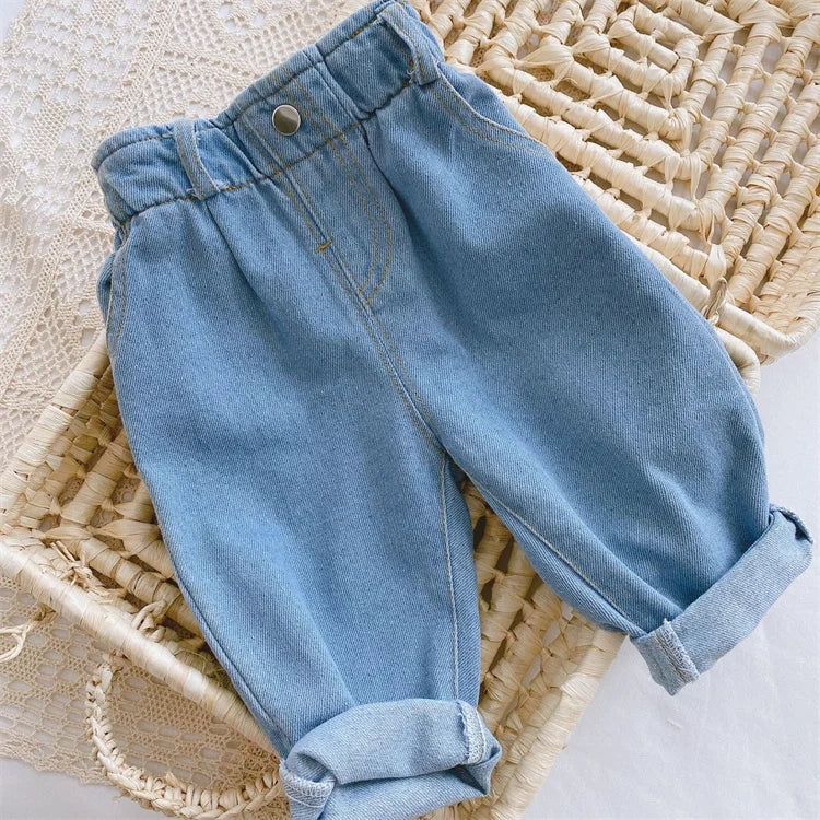 Children's jeans, casual pants for boys and girls, high-waisted, solid color, warm jeans, autumn/spring, 9M-4 years