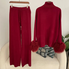 Ensemble pull et pantalon tricotés en laine et mélange pour femme, avec poignets en vraie fourrure de mouton mongole, costume tricoté de haute qualité 2025