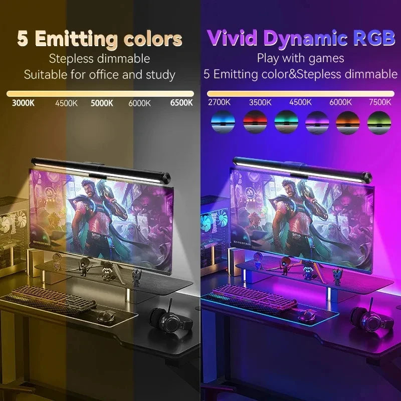 Barre lumineuse d'écran de moniteur de lampe de bureau à LED, escales informatiques RVB, lumières double face pour le travail, l'étude, la lecture, le jeu, l'éclairage de gradation