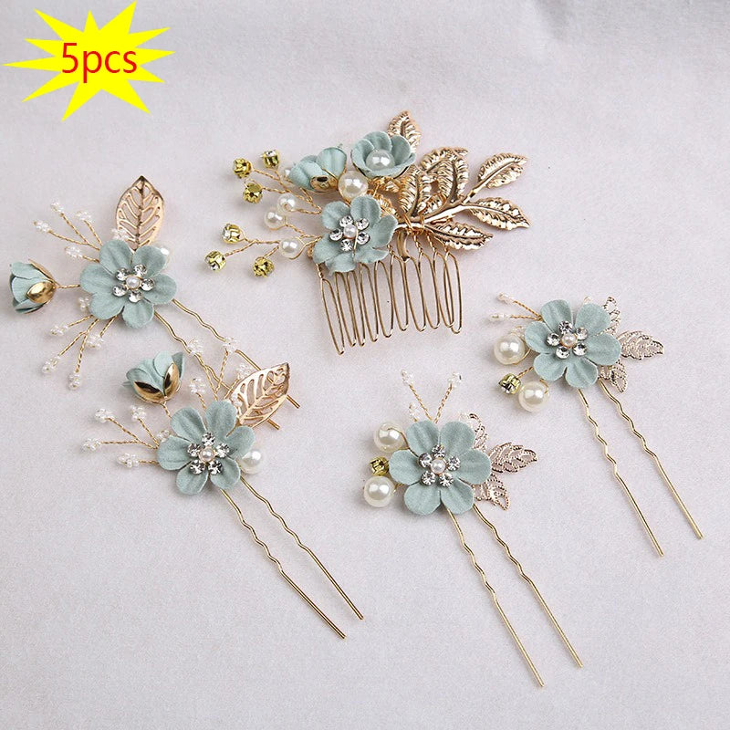 5 pièces/ensemble accessoires de cheveux de mariée pour femmes fleur perle casque diadème Barrette de mariage pince épingles à cheveux mariée peignes ornement