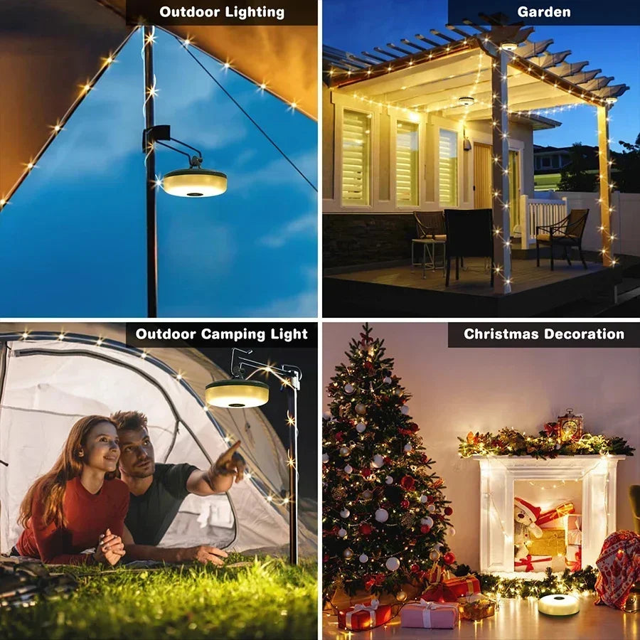 Solar lights, outdoor camping light, 10-meter string light, outdoor tent light, RGB atmosphere light, LED flashlight with hook