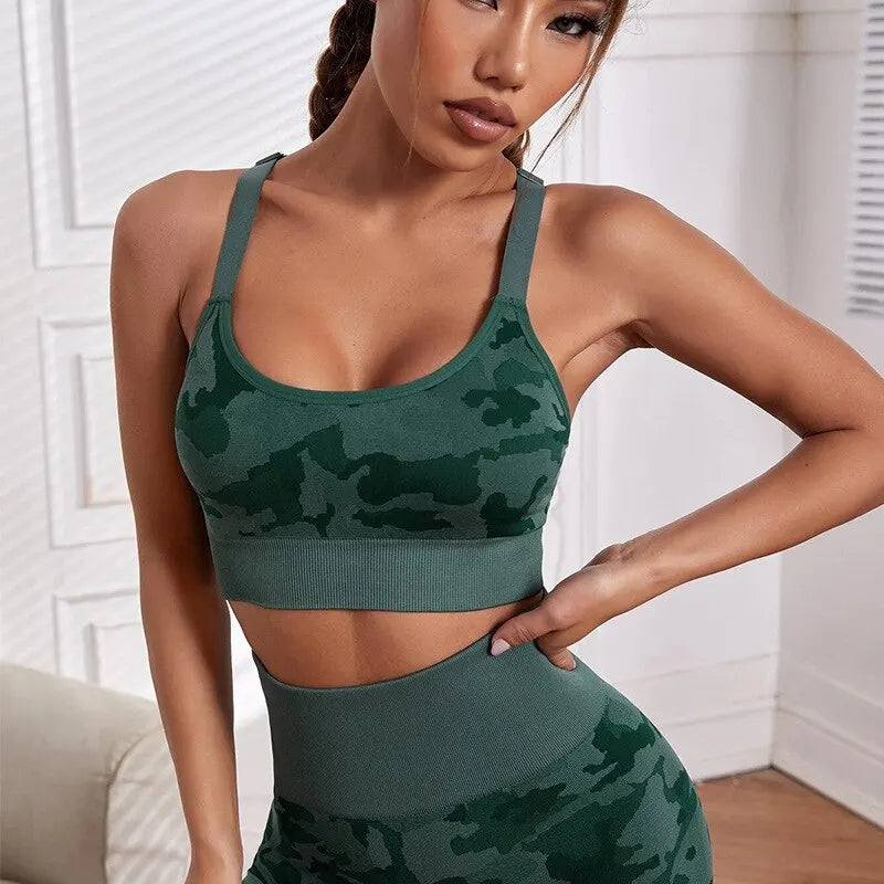 Solomon-Ensemble de sport camouflage pour femme, vêtements de fitness, leggings taille haute, soutien-gorge d'entraînement, yoga, 2 pièces
