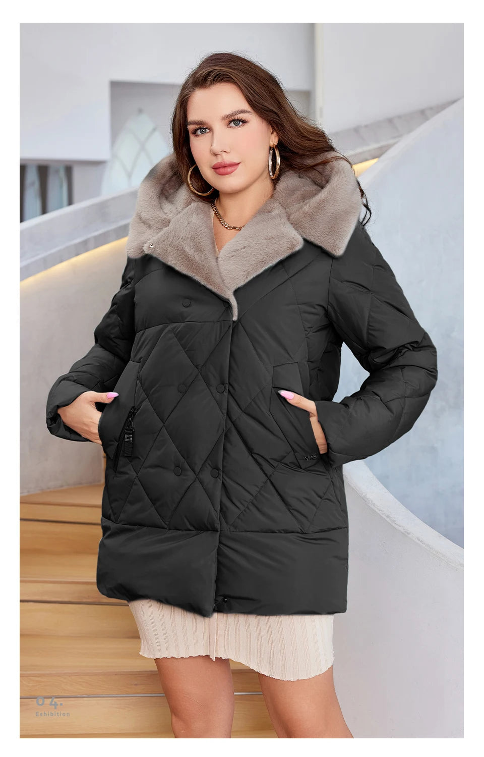 HaiLuoZi-Veste Courte à Capuche avec Fourrure pour Femme, Vêtement d'Hiver de Grande Taille, Design de Matelassage Indépendant, Grandes Poches, Combiné 2023, Nouvelle Collection 1163
