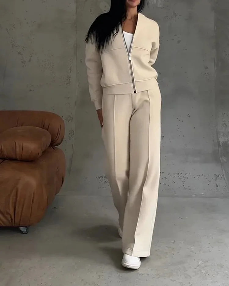 Women's two-piece casual set, solid color, sweatshirt, long sleeves, zip-up coat, long pants, pockets, elegant, autumn/winter 2025