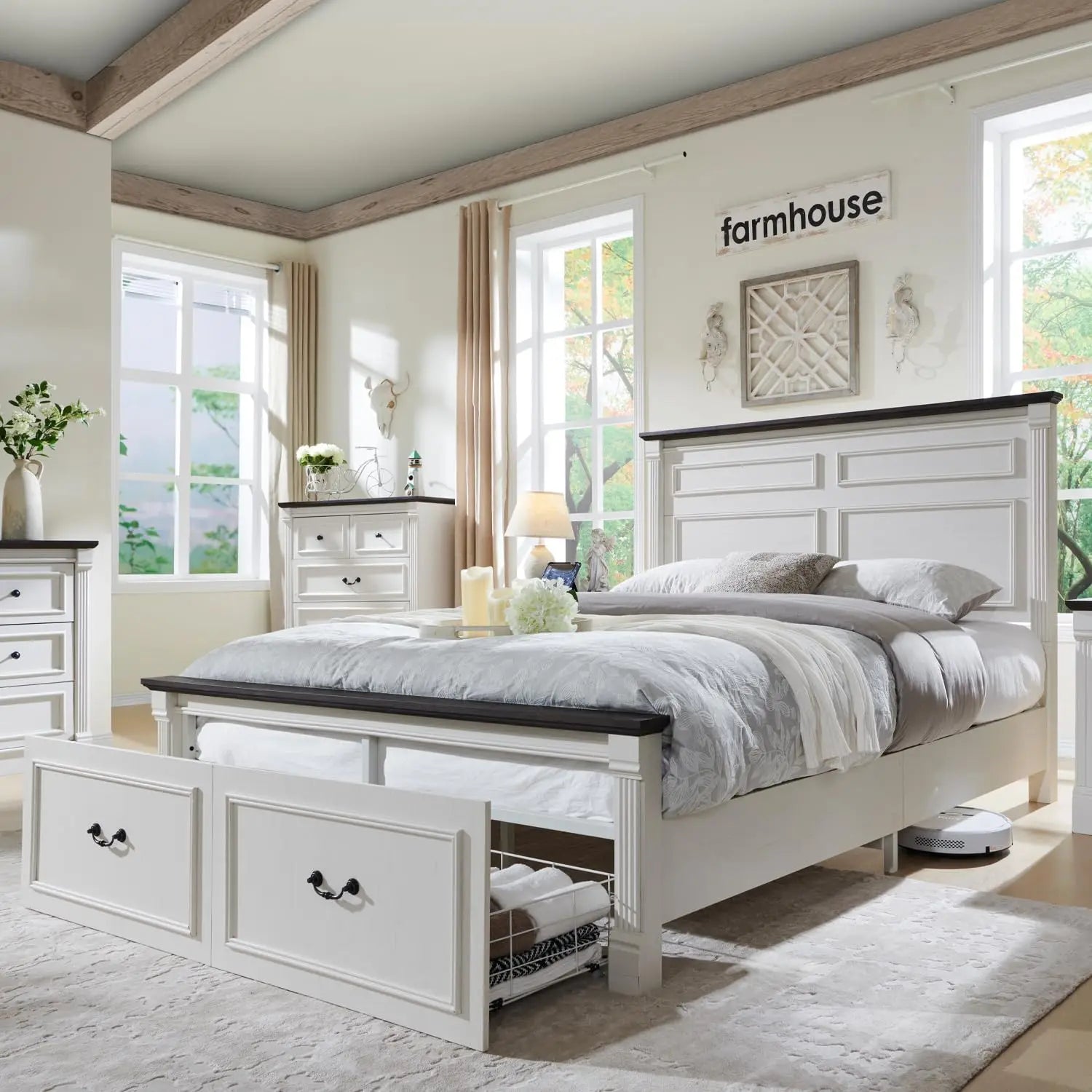 Cadre de lit queen size Farmhouse, avec tête de lit de 51 po de hauteur, cadre de lit en bois avec pied de lit de 20 po de hauteur et 2 grands tiroirs de rangement