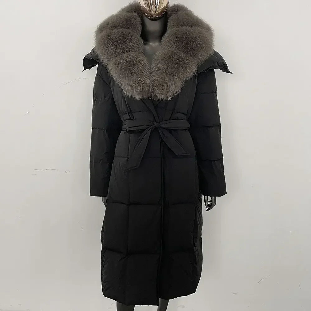 Veste d'hiver chaude et élégante pour femme, avec ceinture à capuche, simple boutonnage, col en vraie fourrure de renard, manteau épais et ample en duvet de canard blanc