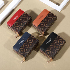 Mini faux leather wallet with double zipper, compact classic pouch, multiple card slots, matching pocket, RFID protection, chic 