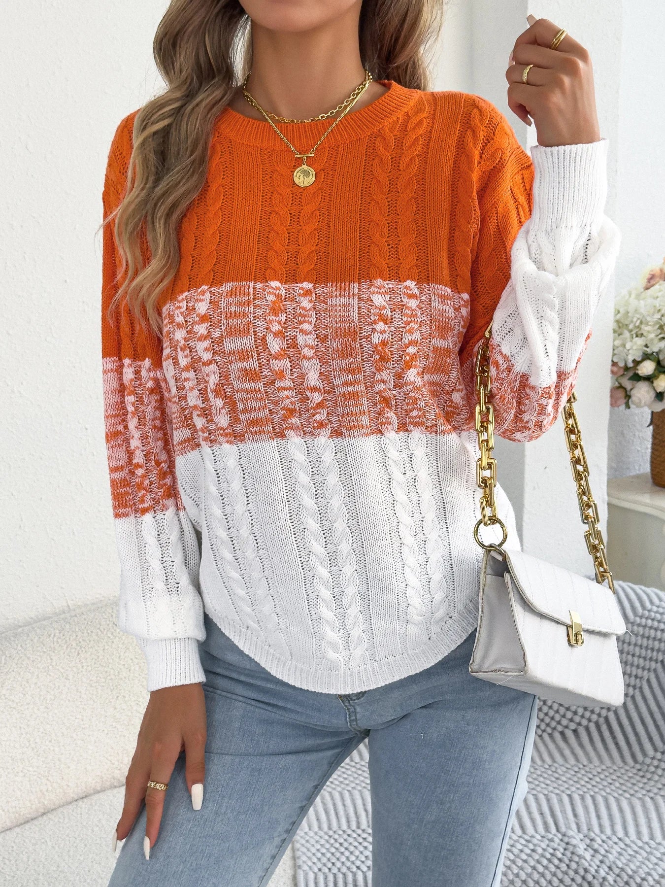 Femme décontracté couleur bloc rayé pull col rond lanterne à manches longues torsion tricoté hauts pour 2025 automne hiver femmes vêtements