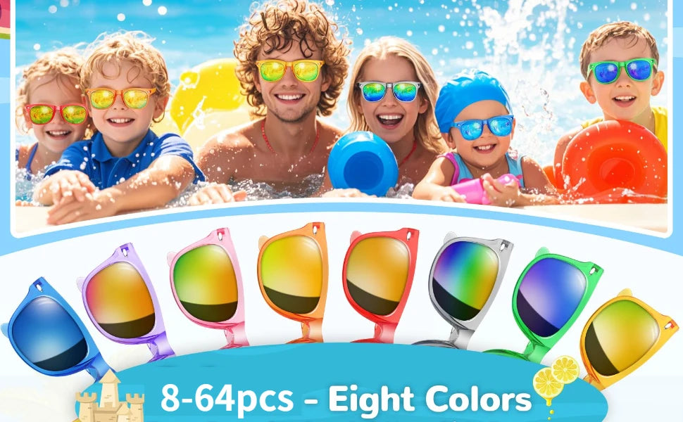 8 - 64pcs enfants lunettes de soleil cadeau de fête en vrac pour les enfants de 3 - 12 ans, lunettes de soleil translucides néon avec Protection UV 400, Pool birthday party Supplies Gift Bag pad