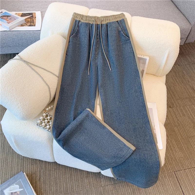 Ensemble pantalon en Denim, col montant, Patchwork, manteaux de rue, hauts à jambes larges, jean gothique droit, Vintage, ensemble deux pièces Simple