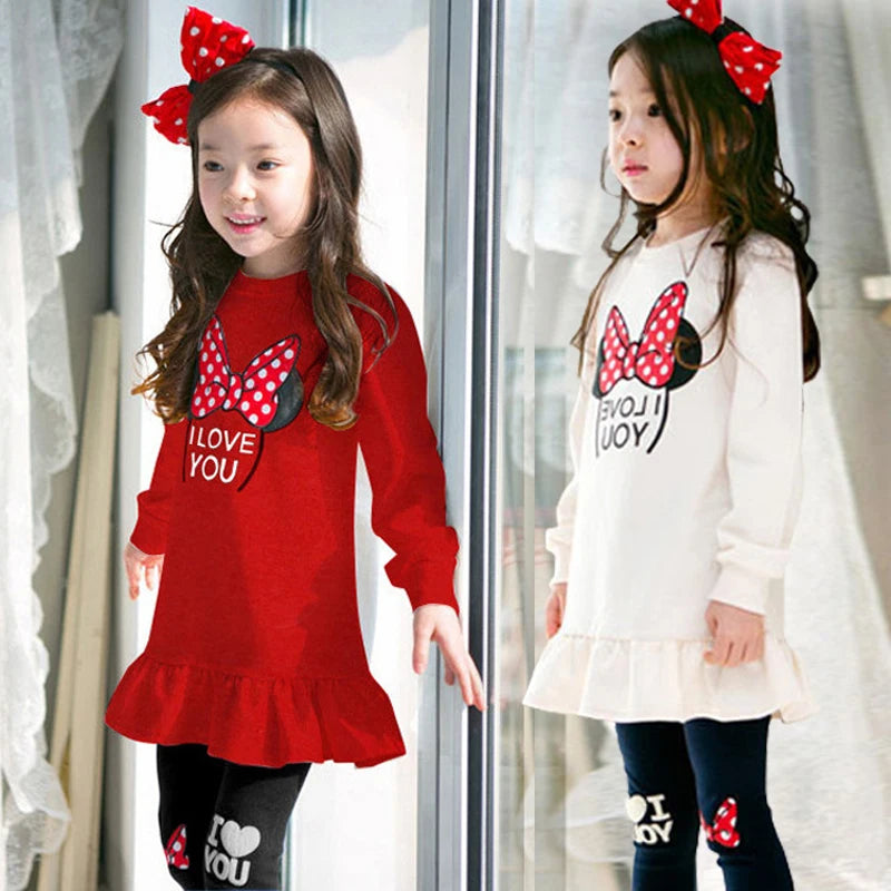 Ensemble de vêtements pour enfants printemps-automne, chemise + Leggings en coton à manches longues avec nœud papillon de dessin animé, costume 2 pièces pour filles de 3 à 8 ans, tenue décontractée