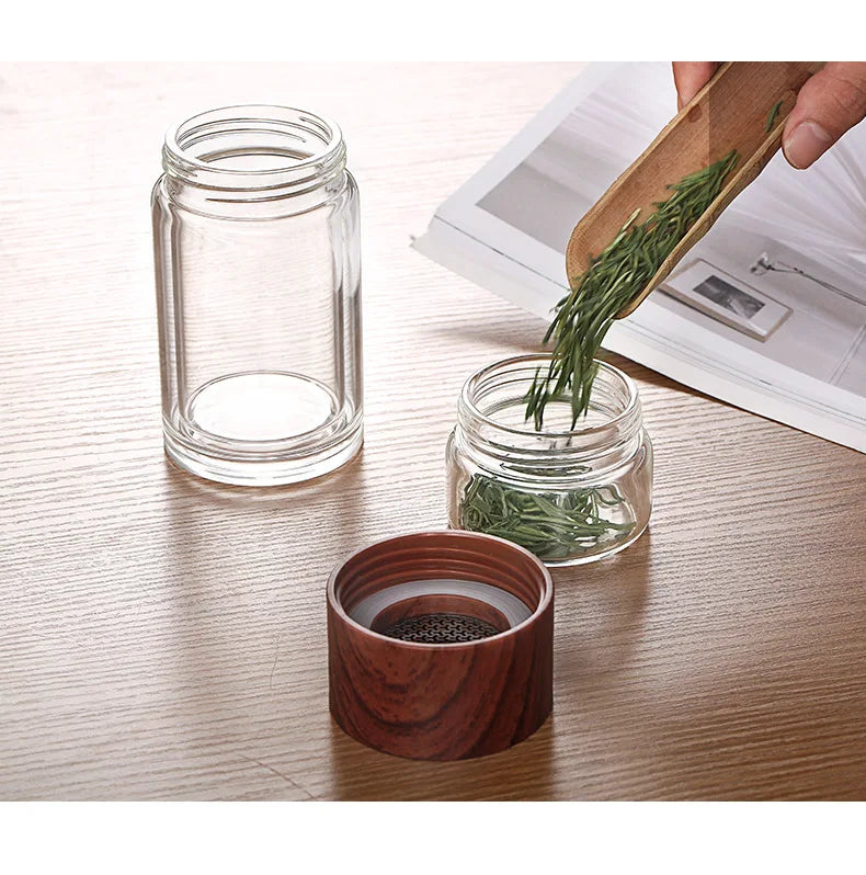Bouteille d'eau en verre double de haute qualité avec étui, bouteille de clics de thé, infuseur, gobelet, verres, bouteille d'eau écologique