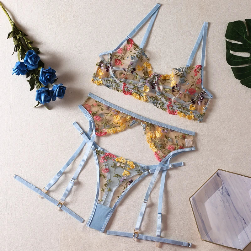 Ensemble de Lingerie Sexy en dentelle pour femmes, 3 pièces, broderie de fleurs fantaisie, soutien-gorge et tongs transparents, ensemble de sous-vêtements, costumes érotiques et intimes ﻿