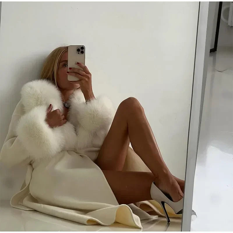 Manteau en laine pour femmes, Patchwork de fourrure solide, mode, manches longues, col en v, à lacets, pardessus Long ample, automne, bureau, vêtements d'extérieur pour dames