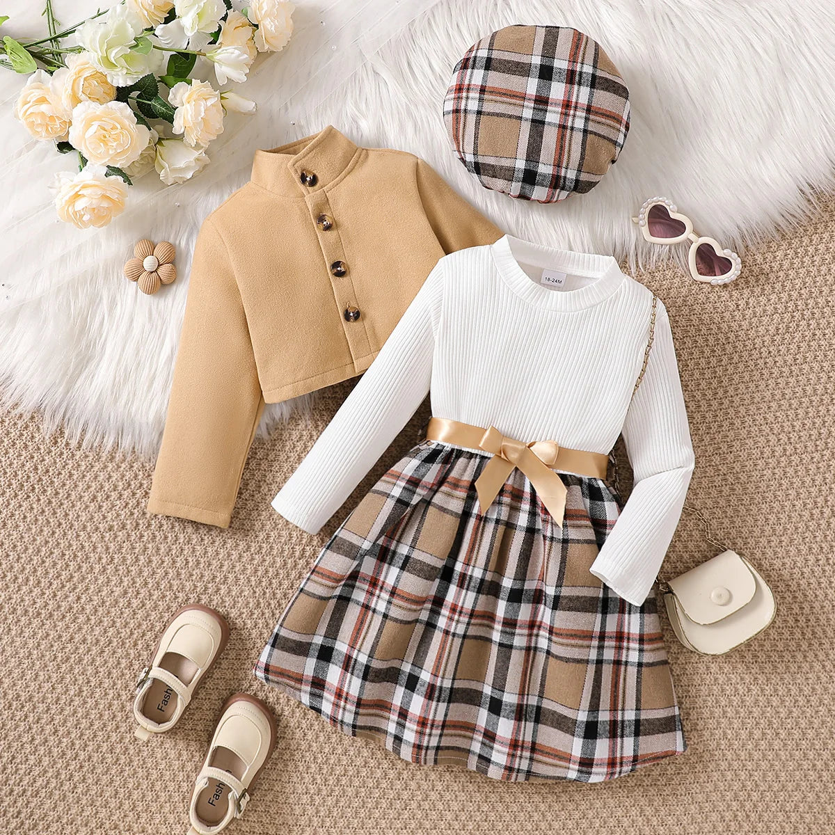 Ensemble de vêtements pour petites filles de 1 à 6 ans, robe à carreaux à manches longues avec veste + béret, ensemble de vêtements à la mode, automne-hiver