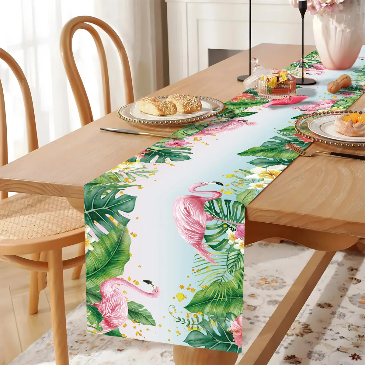Summer Hawaiian Flower Table Runner, Flamingo Birthday Party Decor for Kids, Aloha Hawaii Tropical Party Supplies, Dining Table Decor