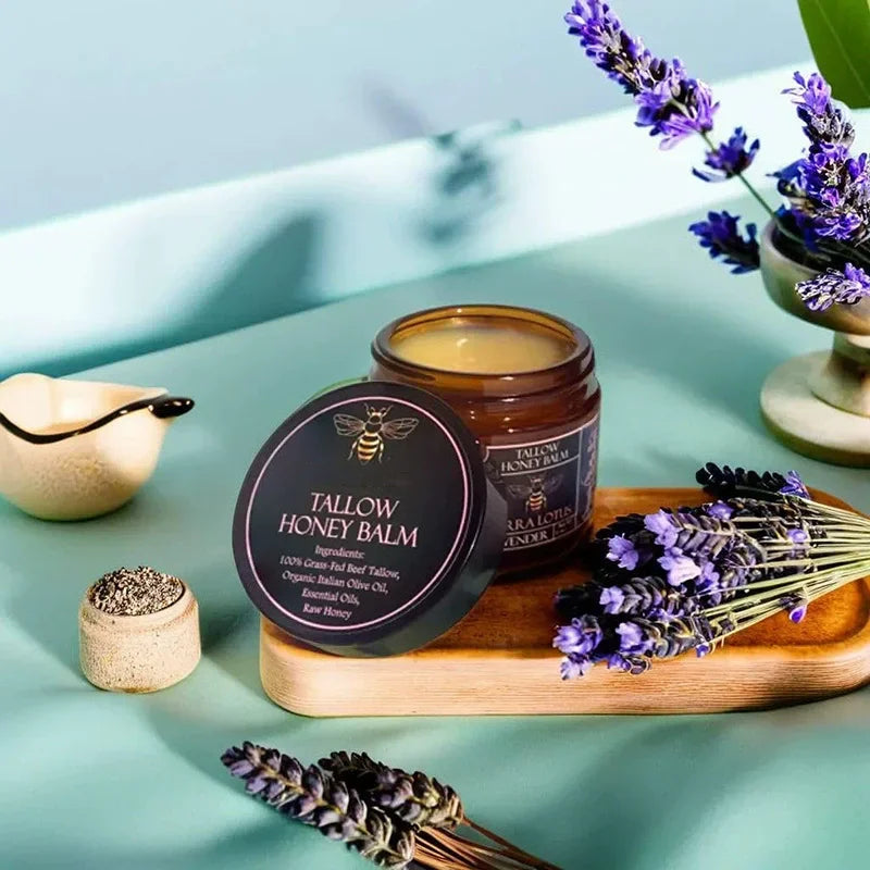 Baume Tallow de boeuf alimenté en herbe biologique, crème hydratante au miel cru pour une peau douce et lisse, hydratant entièrement naturel fait à la main