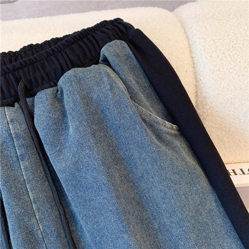 Ensemble pantalon en Denim, col montant, Patchwork, manteaux de rue, hauts à jambes larges, jean gothique droit, Vintage, ensemble deux pièces Simple