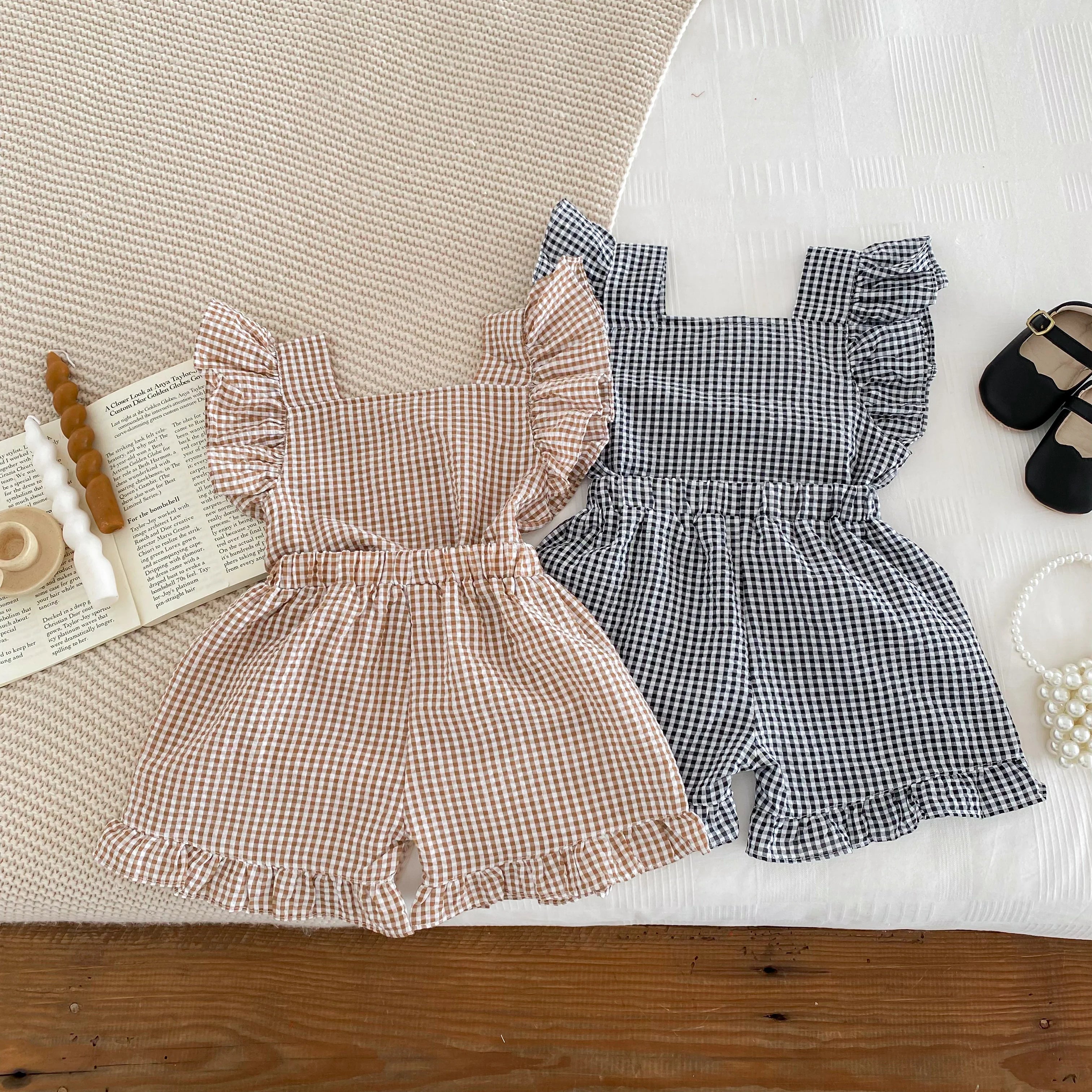 Tenue d'été pour enfants de 2 à 6 ans, vêtements pour bébés filles, chemisiers sans manches à carreaux + short, ensemble deux pièces