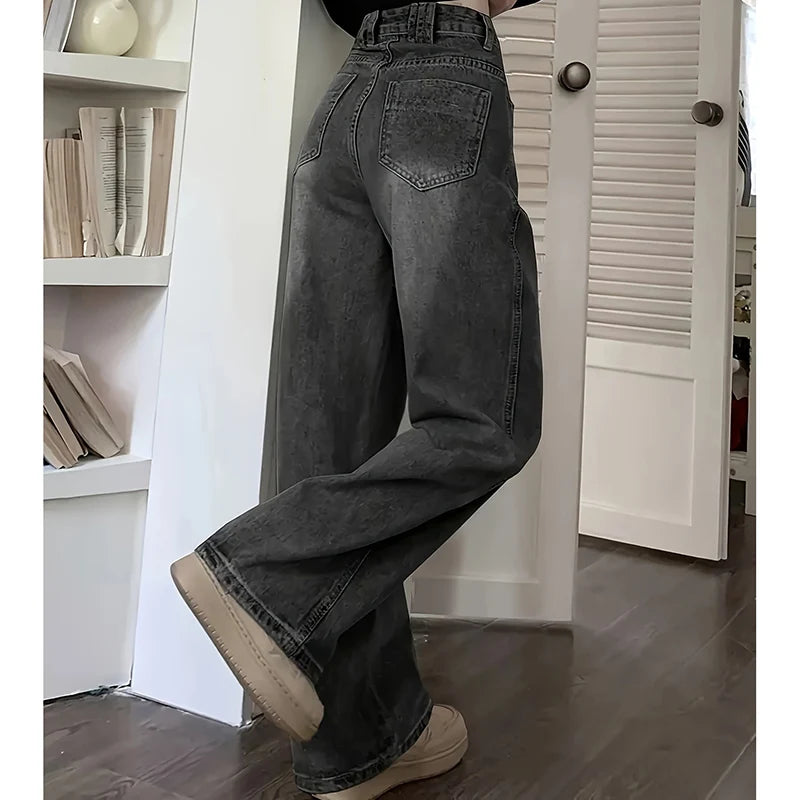 Jean taille haute pour femme, streetwear, designer, jambe large, gris classique, gothique, pantalon droit, mode