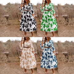 Women's long pleated V-neck dress with waist belt, embellishments, fashionable, knee-length, with flared sleeves, new 2025 collection