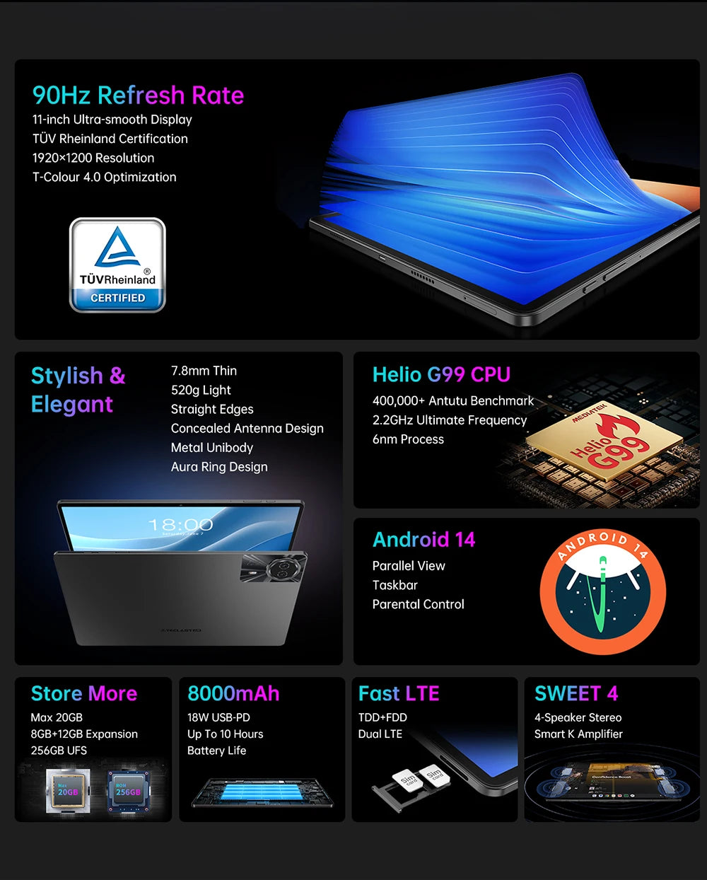 【Première mondiale】 Tablette Teclast T50 Max Écran 11" FHD 90 Hz Android 14 MediaTek G99 8 Go de RAM 256 Go ROM 8000 mAh Type-C Widevine L1