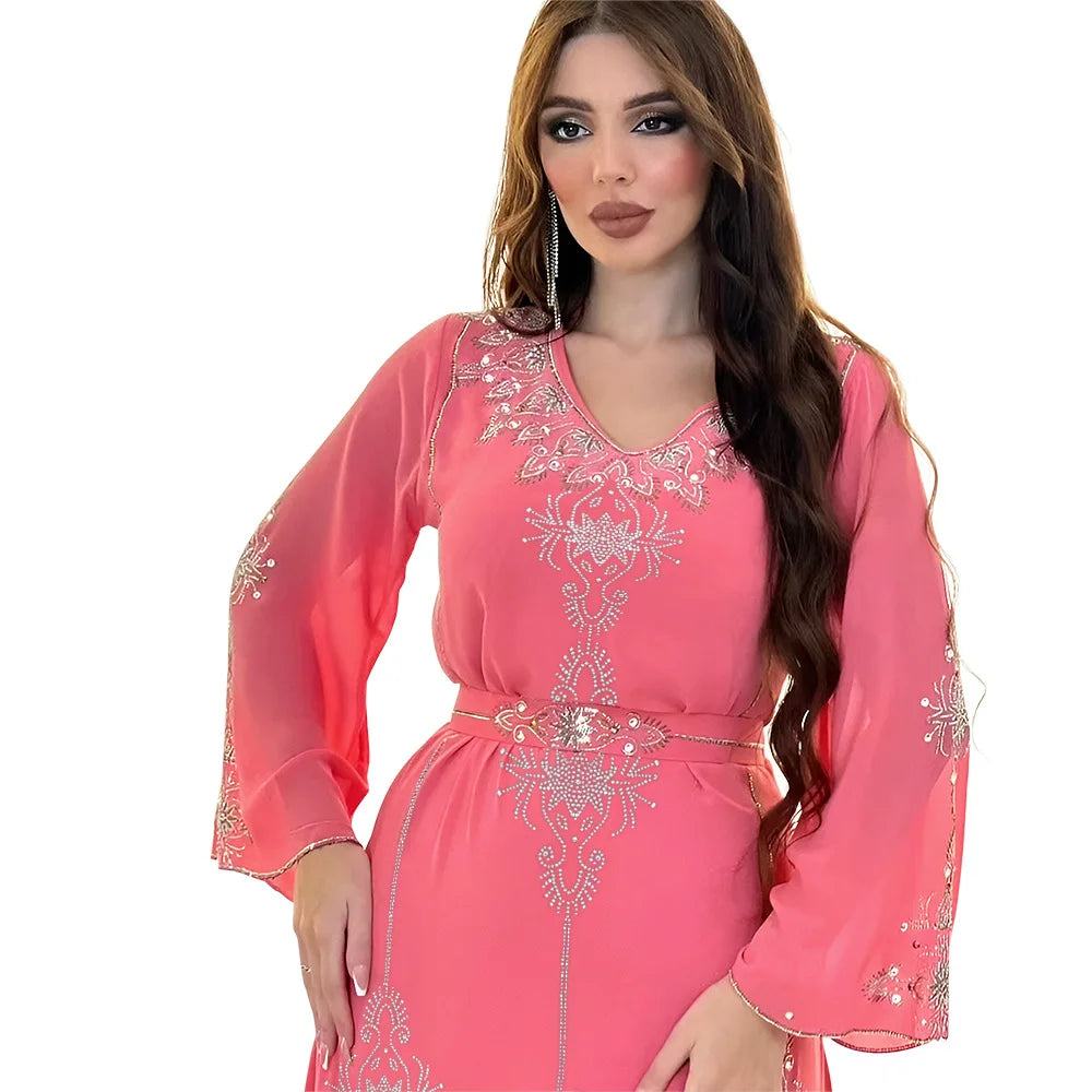 Eid Jalabiya - Women's Muslim Evening Dress, Diamond Lace-Up Arabic Abayas, Long Dresses, Elegant Dress, Educational Dress for Ramadan