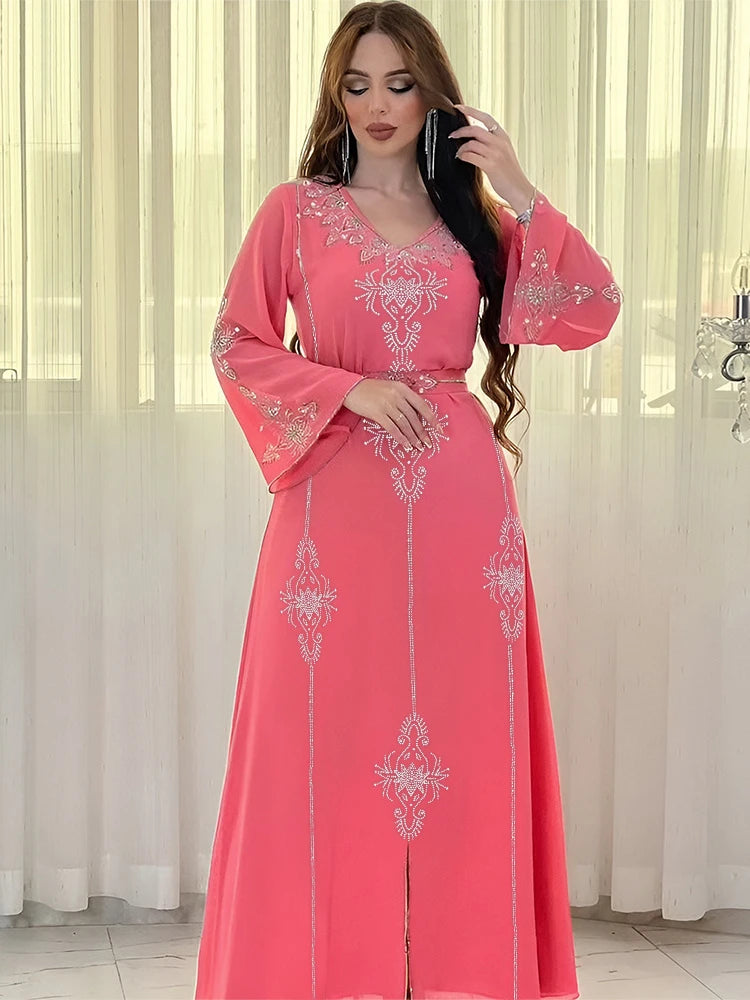 Eid Jalabiya - Women's Muslim Evening Dress, Diamond Lace-Up Arabic Abayas, Long Dresses, Elegant Dress, Educational Dress for Ramadan