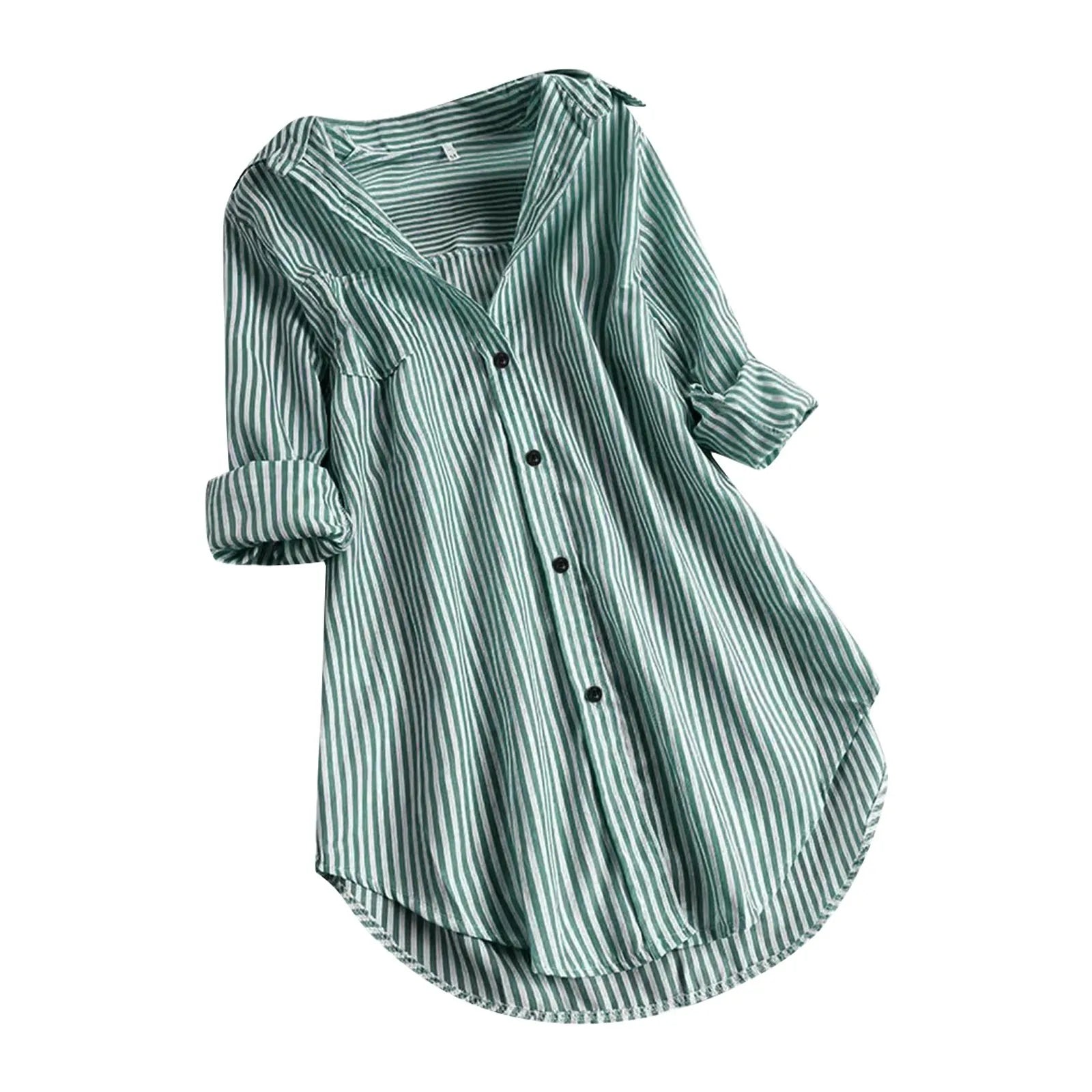 Femmes printemps et été rayure Blouse col rabattu à manches longues bouton poches dame chemise ample décontracté confortable femme Blouse haut