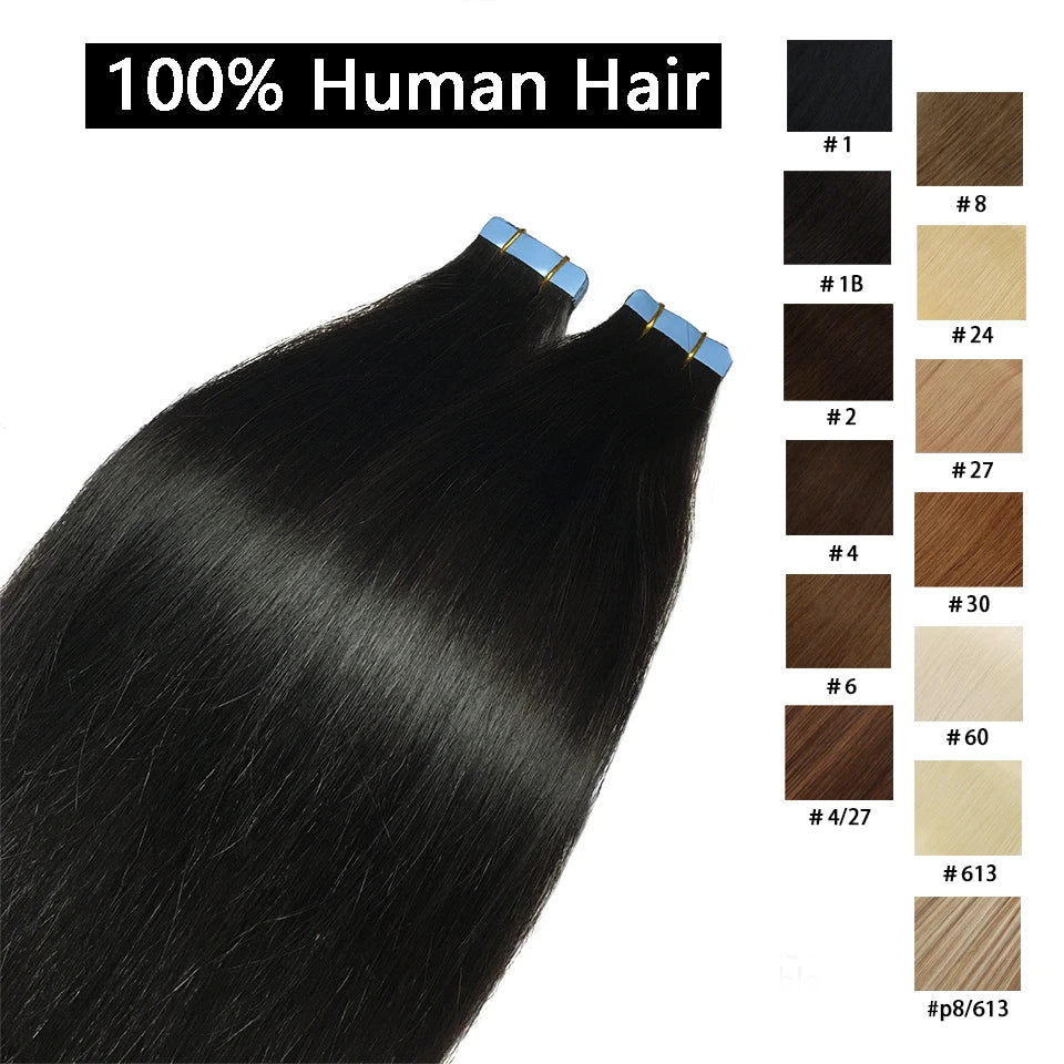 Bande dans les Extensions de cheveux humains droits Extensions adhésives de cheveux brésiliens trame de peau noir brun 100% vrais cheveux humains pour les femmes