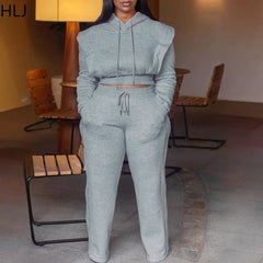HLJ-Ensemble Deux Pièces Gris Décontracté pour Femme, Haut Court à Manches sulf, Pantalon à Jambes Larges, Survêtement Féminin