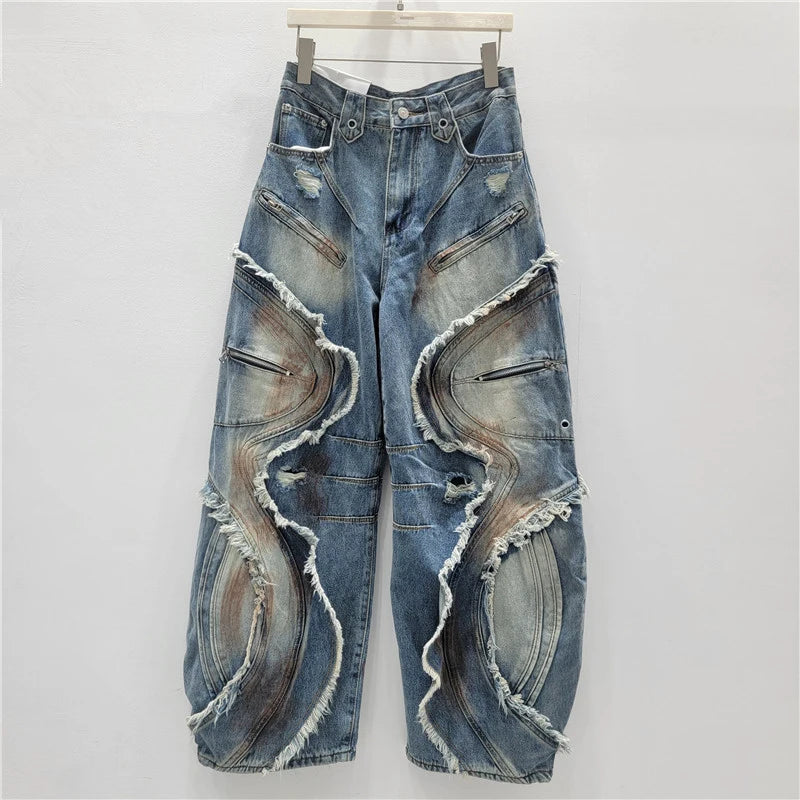 DEAT 2025 Autumn New Fashion Patchwork Burls Cargo Denim Pants for Women High Waist Loose Wide Leg Fashionable Jeans 11A06257