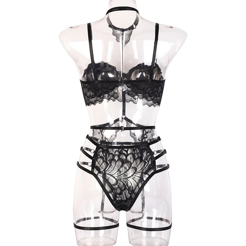 Ensembles de Lingerie érotique pour femmes, jarretelles en dentelle, soutien-gorge et culotte transparents, Costumes Porno féminins, col licou en V profond, ensemble de sous-vêtements Sexy