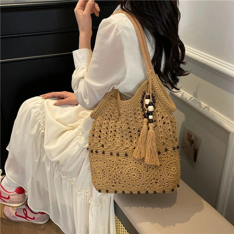 Sac à main tissé de grande capacité, sac à bandoulière ajouré, fourre-tout en Crochet, fourre-tout bohème tissé pour femmes, sacs de Shopping tricotés