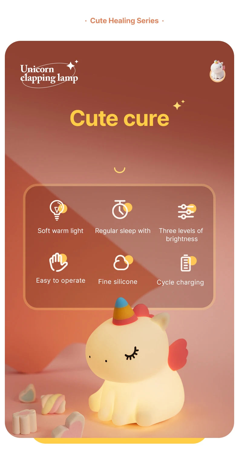 Veilleuse licorne mignonne en Silicone pour enfants, veilleuse LED à intensité variable, lampe licorne Squishy, lampe de chevet Rechargeable