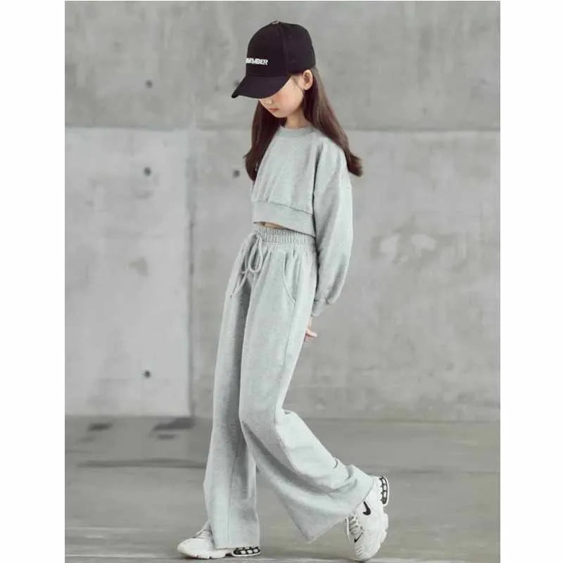 Girls' solid color outfit set, long-sleeved cropped sweater and pants, 2 pieces, new spring-autumn fashion, casual suit for children aged 4 to 12 years