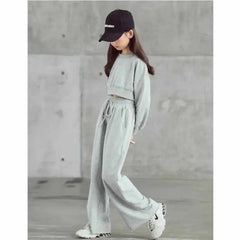 Girls' solid color outfit set, long-sleeved cropped sweater and pants, 2 pieces, new spring-autumn fashion, casual suit for children aged 4 to 12 years