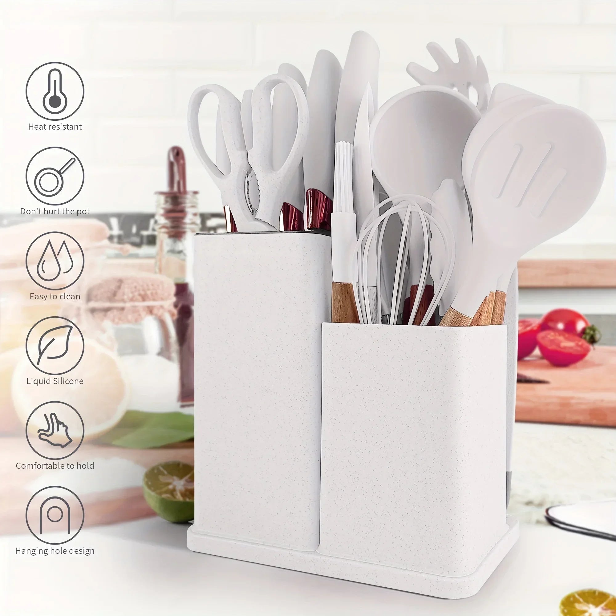 Ensemble d'ustensiles de cuisine antiadhésifs en Silicone, 19 pièces, avec couteaux, outils résistants à la chaleur dans un rangement en bambou, parfait pour la cuisine