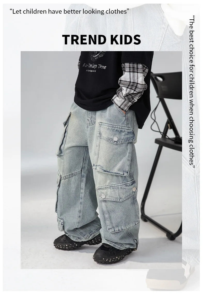 Jean ample à jambes larges pour garçons, pantalon de travail pour enfants moyens et grands, coupe confortable, printemps-automne