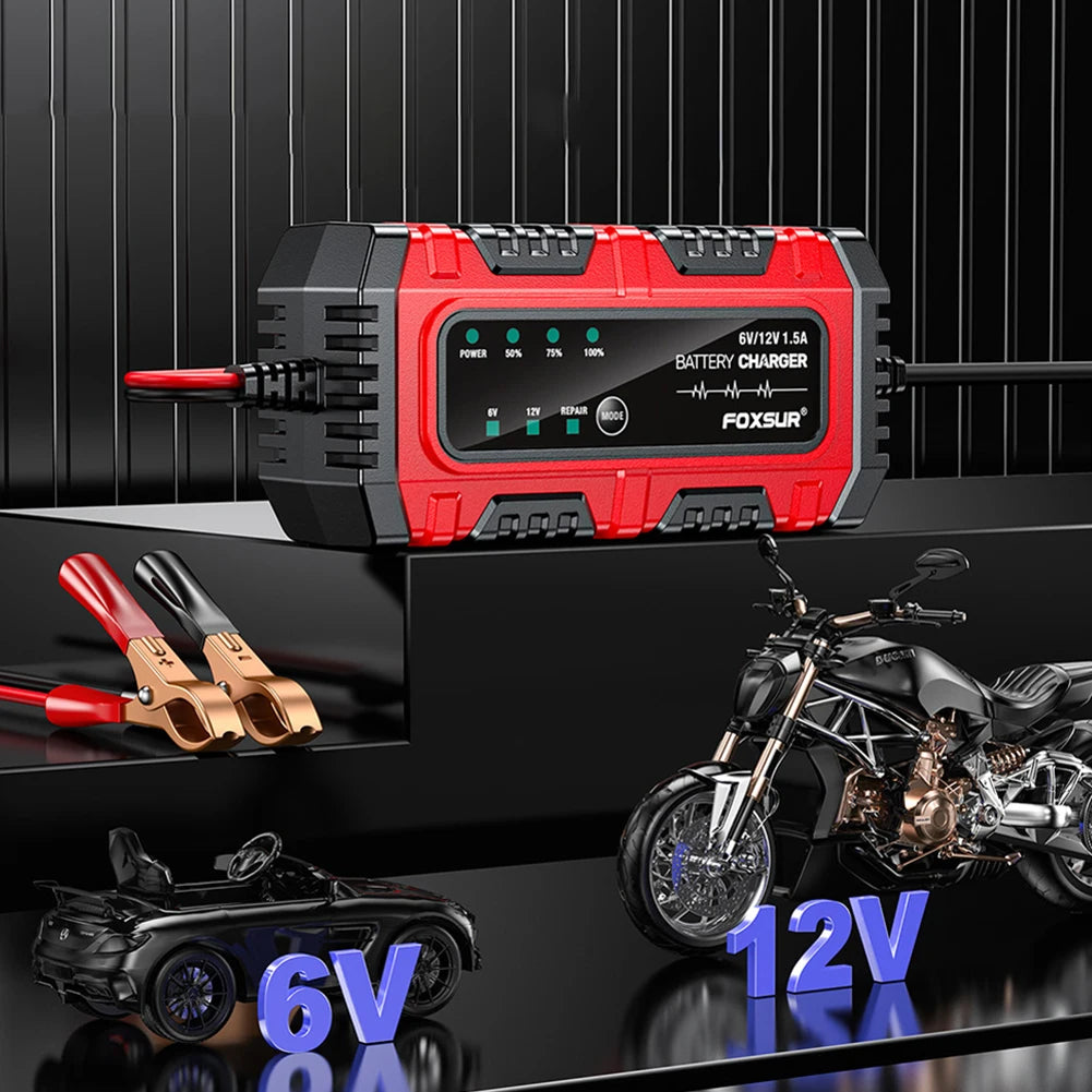 6V 12V 1.5A Electric Car Battery Charger, for Electric Motorcycles, Smart, for Car, Truck, Boat, SUV, AGM GEL Lead-Acid Batteries