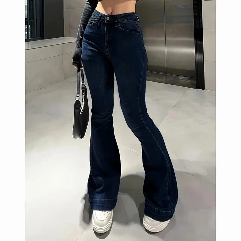 Girls' high-waisted flared jeans, stretch denim pants, bootcut fit, solid color, narrow bell leg, 2025
