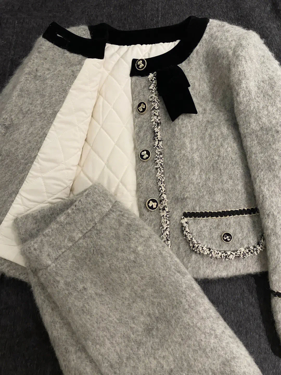 Manteaux matelassés épais mélanges veste en laine grise haut court hiver Vintage mince une ligne jupes femmes deux pièces ensembles costume à nœud Y2k