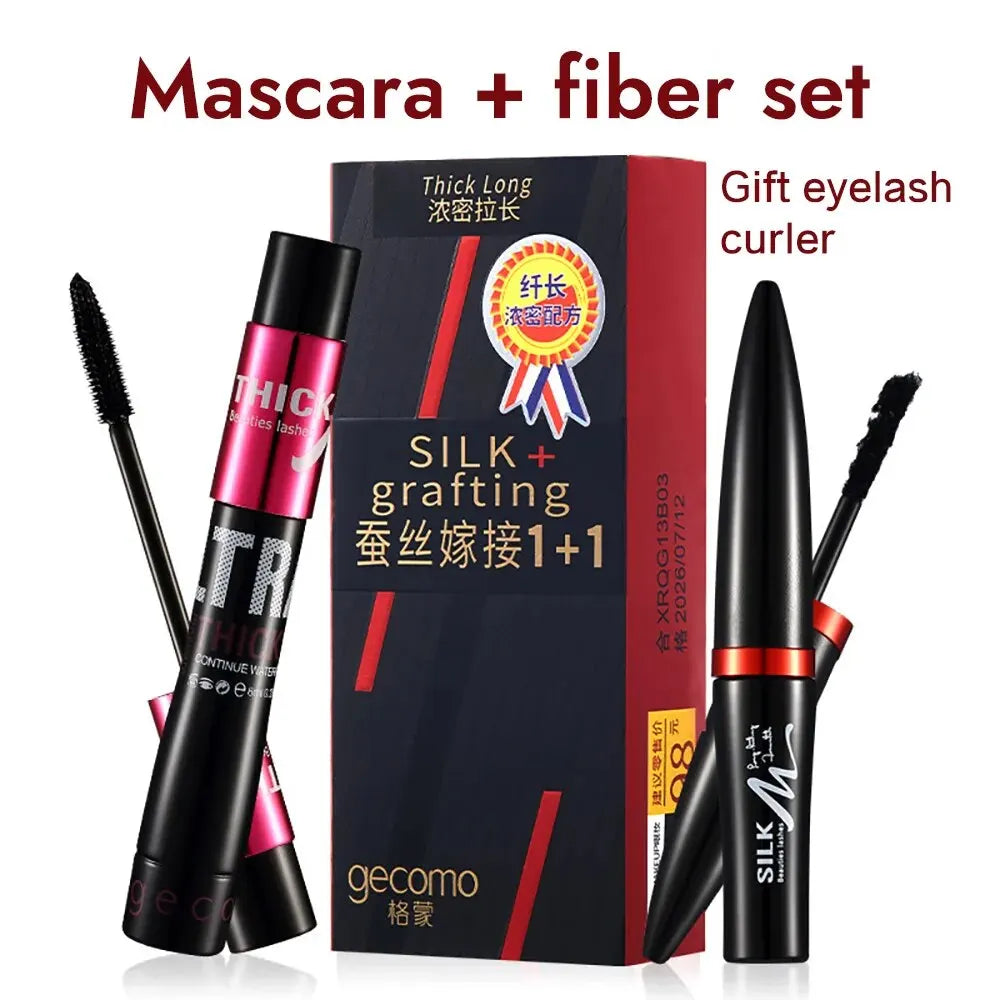 Ensemble de mascara en fibre avec double tubes, imperméable et longue durée, crée de longs cils naturellement recourbés sans bavures