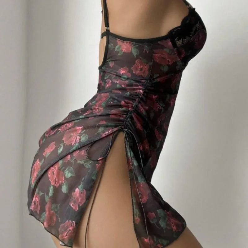 Nuisettes sexy Lingerie Femme Robe de nuit Robe licou à imprimé floral - Robe dos nu luxueuse et séduisante Pyjamas sexy