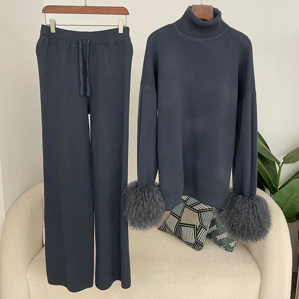 Ensemble pull et pantalon tricotés en laine et mélange pour femme, avec poignets en vraie fourrure de mouton mongole, costume tricoté de haute qualité 2025