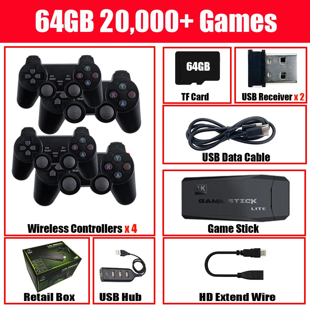 2.4G Video Game Console, Dual Wireless Controllers, 4K Game Stick, 20000 Games, 64GB/32GB Storage, Retro Games for PS1/GBA Boy, Christmas Gift