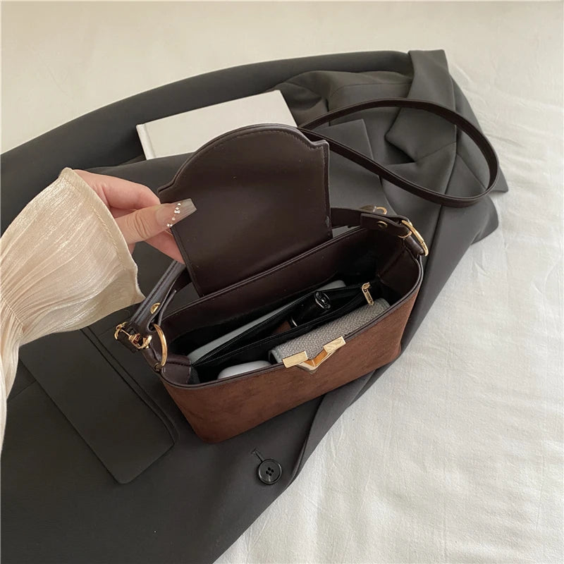 Fashionable mini suede bag for women, faux suede tote bag, decorative handbag with locking buckle, shoulder bags 