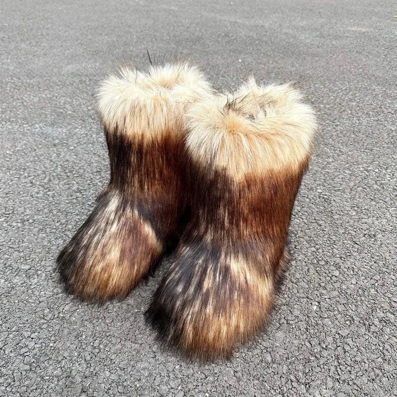 Nouveau Hiver fourrure une pièce fourrure de raton laveur femme bottes de neige chaussures de fourrure en plein air mi jambe bottes